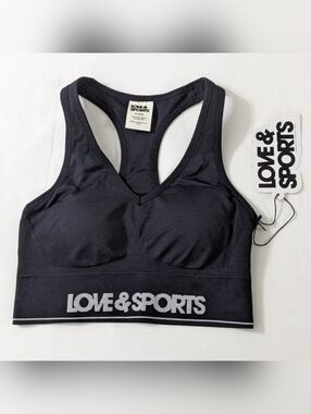 NWT Love & Sports Women's Black Plunge Seamless Sports Bra, Size Small(4-6)